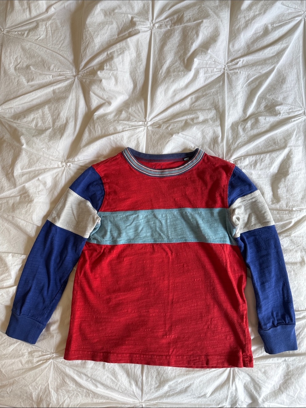 Mini Boden Boy’s Red and Blue Long Sleeve Colorblock Tee, size 6-7